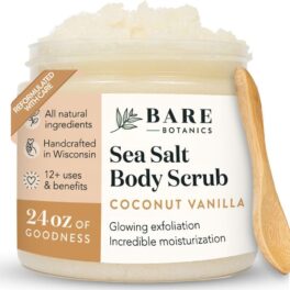 Bare Botanics Coconut Vanilla Body Scrub 24oz | Made in Madison, WI | All Natural Sea Salt Exfoliator w/ Skin Loving Moisturizers | Vegan & Cruelty Free | Gift Ready Packaging w/ a Cute Wooden Spoon